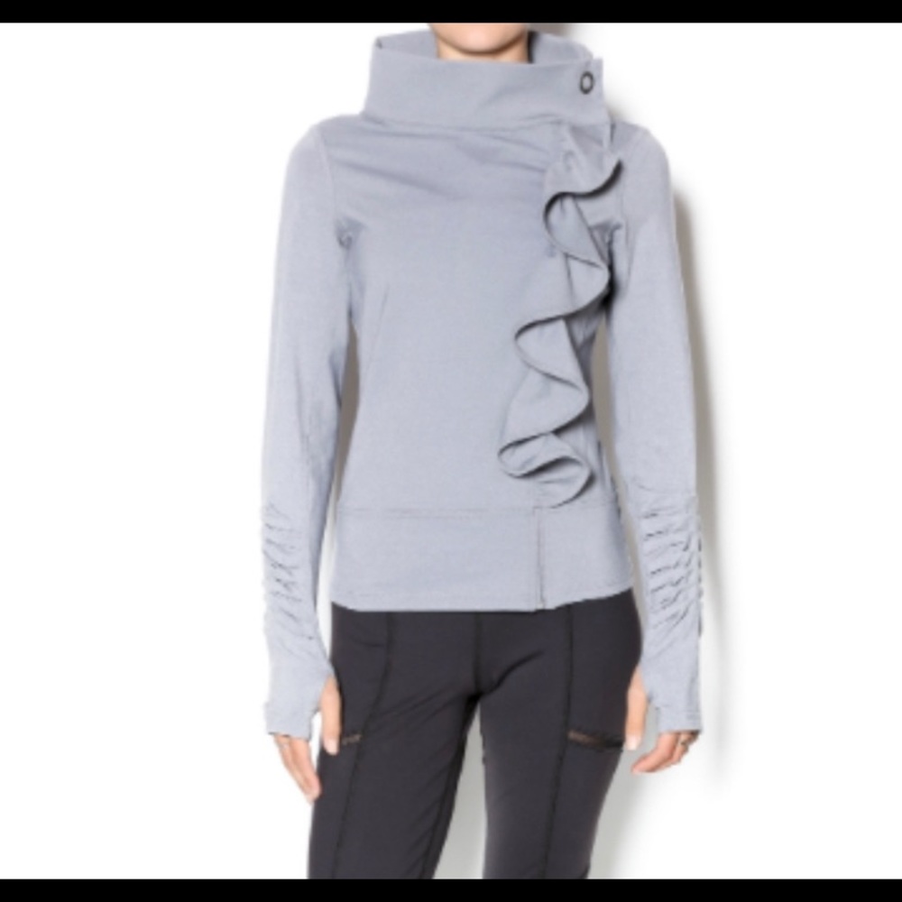 Karma Activewear Gray Ruffle Zip Top